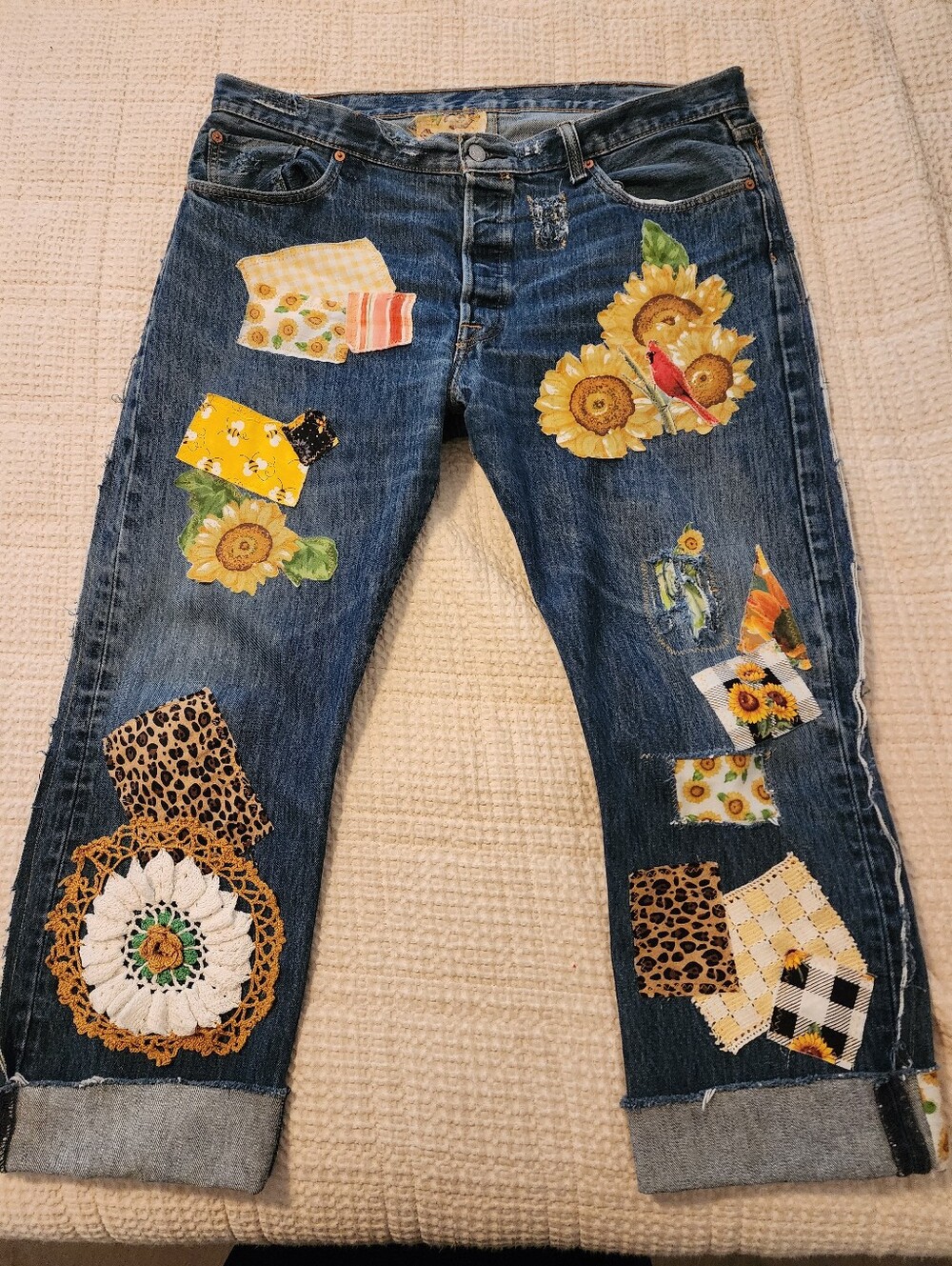 Levis 501 Upcycled Embellished Sunflower Patchwork Women’s Jeans Waist 20" Boho
